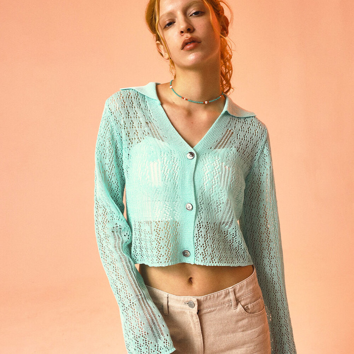 韓國PRENDA - PUNCHING NET KNIT CARDIGAN MINT